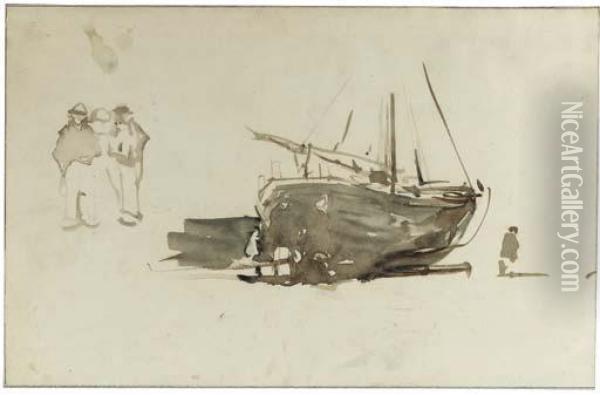 A Sketch Of A Fishing-boat With Figures On The Beach Oil Painting - Johannes Bosboom