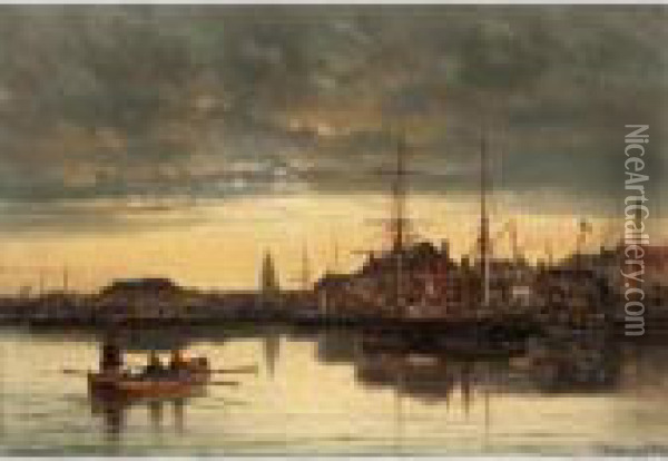 Rowing Into Harbour At Dusk Oil Painting - Charles Euphrasie Kuwasseg