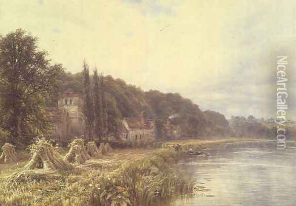 Riverside Village with figures fishing Oil Painting - Edmund George Warren