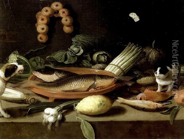Chien, Chat, Poissons, Citron, Et Legumes Sur Une Tablette De Cuisine Oil Painting - Jan van Kessel the Younger
