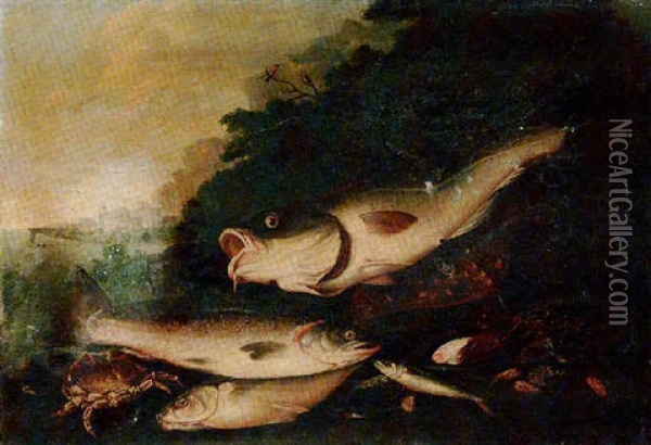 Fish And Shellfish In A Coastal Landscape Oil Painting - Alexander Adriaenssen the Elder