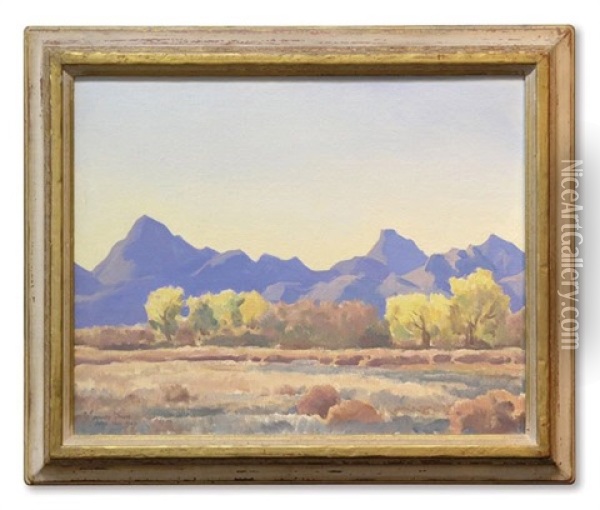 Desert Peaks And River Bottom Oil Painting - Maynard Dixon