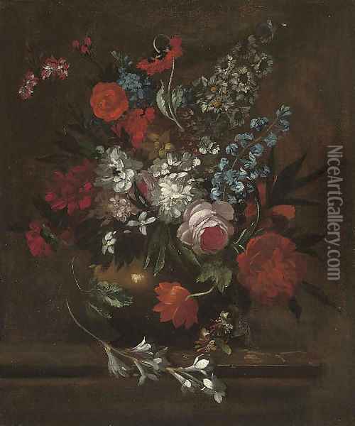 Roses, chrysanthemums, morning glory, lilies, carnations and other flowers in a vase on a stone ledge Oil Painting - Pieter Casteels III