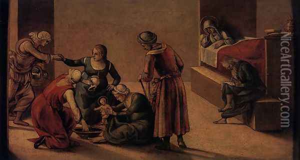 The Birth of the Virgin c. 1490 Oil Painting - Francesco Signorelli