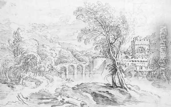 An extensive river landscape with a bridge and a fortified town beyond Oil Painting - Francois Boucher