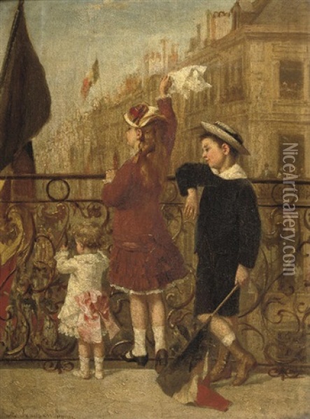 Waving To The Procession, Paris Oil Painting - Albert Roosenboom