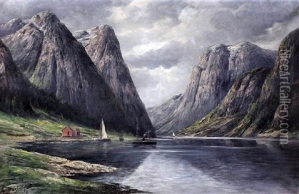 View Of A Norwegian Fjord Oil Painting - Theodor Ludwig Adam Restorff