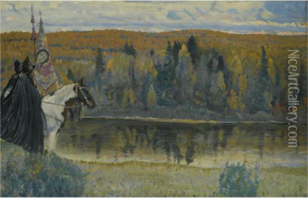 Peresvet And Oslyabya Oil Painting - Mikhail Vasilievich Nesterov