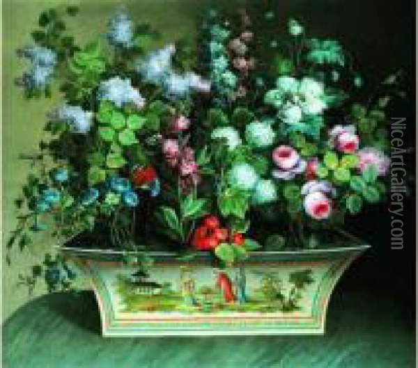 Nature Morte Au Bouquet De Fleurs Dans Une Tole Peinte Au Decor Chinois Oil Painting - Louis Tessier