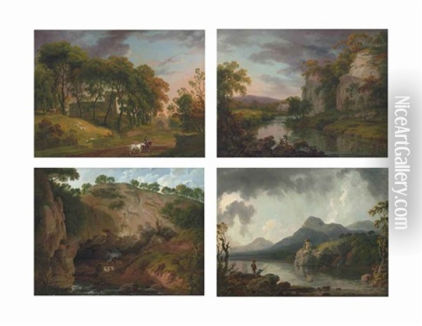 View Of Tissington Church, Derbyshire; View In The Peak District; View Of Peak Cavern, Derbyshire And View Of Llanberis, North Wales (set Of 4 Works) Oil Painting - George Barrett Jr.