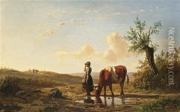 A Cowherdess In A Summer Landscape Oil Painting - Simon Van Den Berg