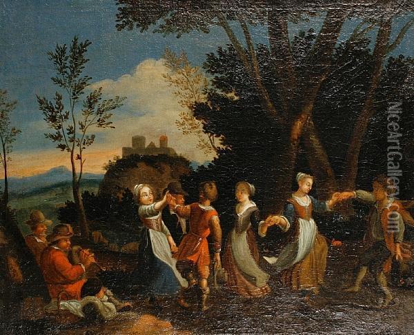 A Country Dance; And Figures In An Interior Oil Painting - Gerrit Lundens