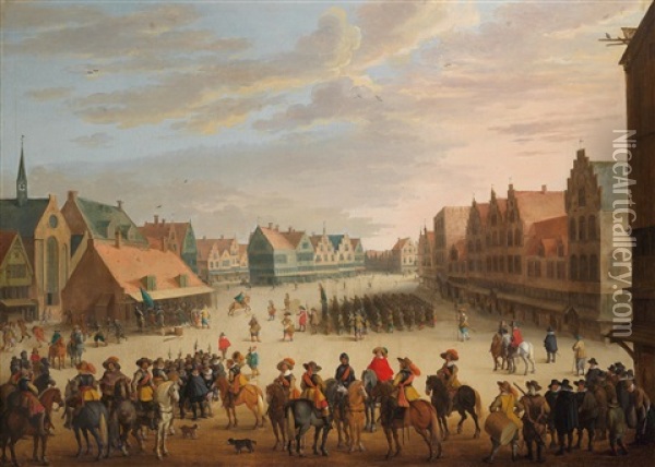 Prince Maurice Of Orange Dismissing The Mercenaries In Neude Square In Utrecht On 31 July 1618 Oil Painting - Joost Cornelisz. Droochsloot
