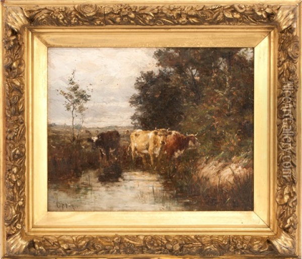 Cows At A Watering Hole Oil Painting - Charles Franklin Pierce