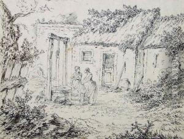 Zwei Wascherinnen An Einem Brunnen Vor Einem Bauernhaus Oil Painting - Johann Georg Wille
