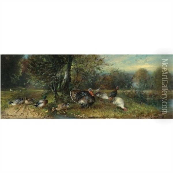 Ducks And Turkeys Oil Painting - Julius Scheuerer