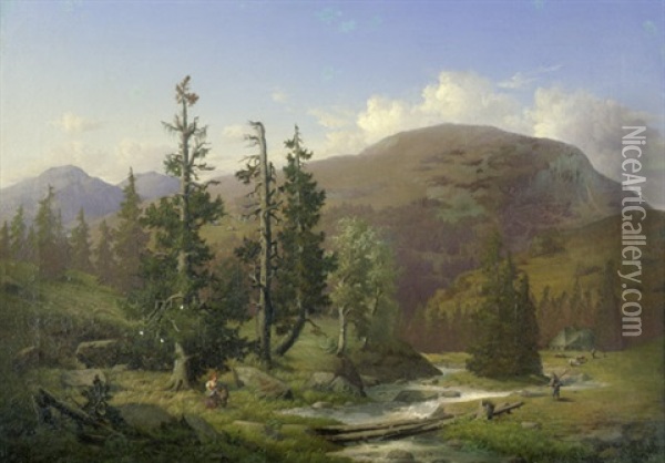 Nordamerikanische Landschaft Mit Trappern, Im Mittelgrund Ein Holzhaus (landschaft In Den Appalachen?) Oil Painting - Albert (Adolf) Richter