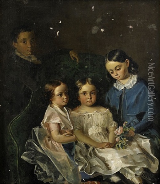 Portrait Of Four Young Children Oil Painting -  Biedermeier School