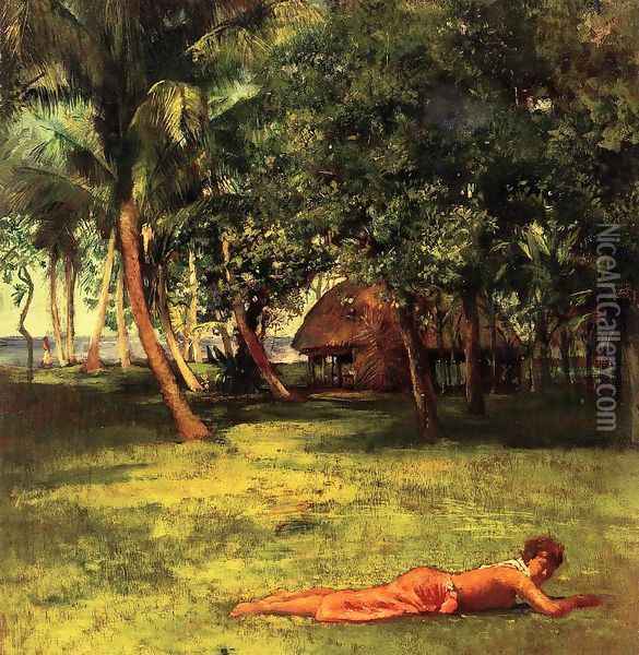 In Front Of Our House Vaila Girl On Grass Oil Painting - John La Farge
