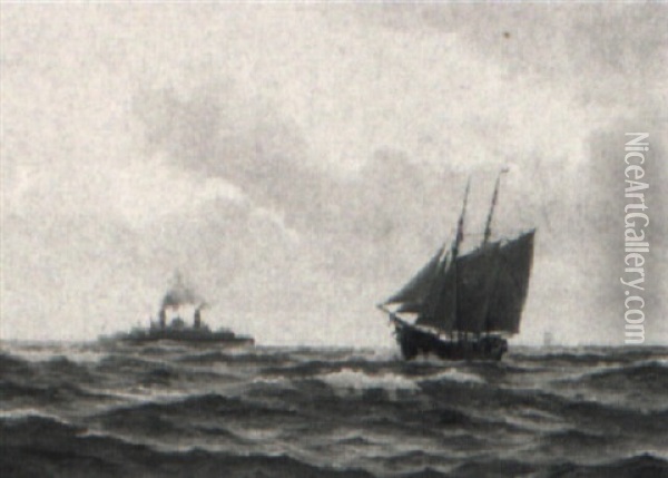 Marine Med Sejl- Og Motorskibe Oil Painting - Christian Benjamin Olsen
