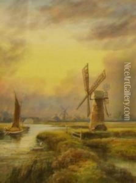 Broad Scene With Wherry And Windmills Oil Painting - Edwin Earp