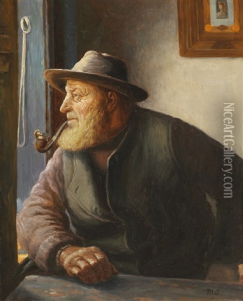 Fischerman And Rescuer Ole Svendsen From Skagen Seen In Profile Oil Painting - Michael Peter Ancher