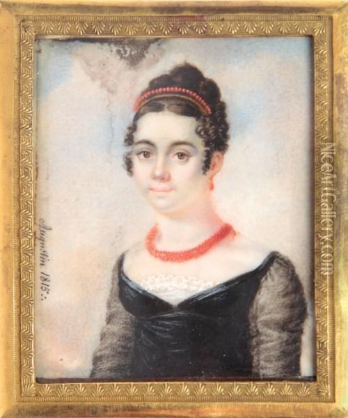 Miniatura - Portret Mlodej Kobiety W Koralach Oil Painting - Jacques-Jean- Baptiste Augustin