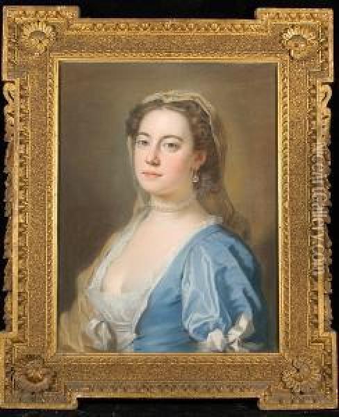 A Portrait Of A Lady Wearing A Pearl Choker Oil Painting - Hoare, William, of Bath