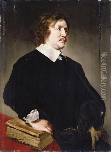 Portrait Of Cyprien Regnier Of Oostergooer, Professor Of Law, With His Right Hand Resting On A Book Oil Painting - Gerard Douffet