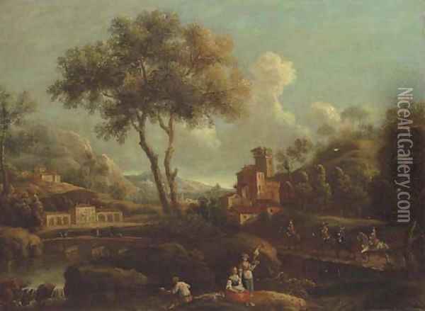 An Italianate landscape with peasants fishing by a river, horsemen crossing a bridge beyond Oil Painting - Gianbattista Cimaroli