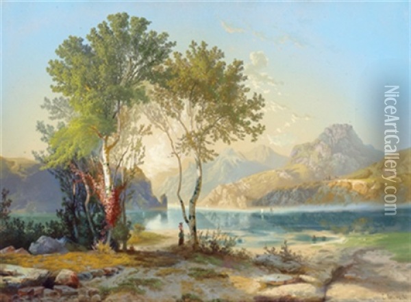 Sonnige Landschaft Mit Segelbooten Auf Einem See Im Gebirge Oil Painting - Carlo Brioschi
