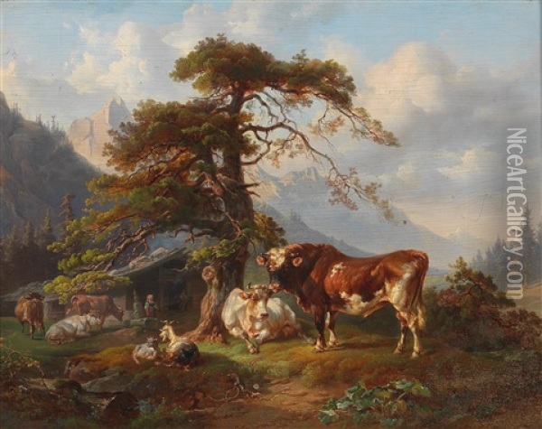 On The Alpine Pasture Oil Painting - Joseph Heicke