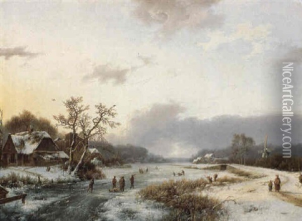 A Winter Landscape With Skaters On A Frozen Waterway Oil Painting - Marinus Adrianus Koekkoek