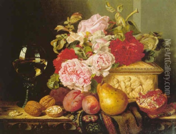 Still Life With Roses, Fruit And A Glass Of Wine On A Ledge Oil Painting - Edward Ladell