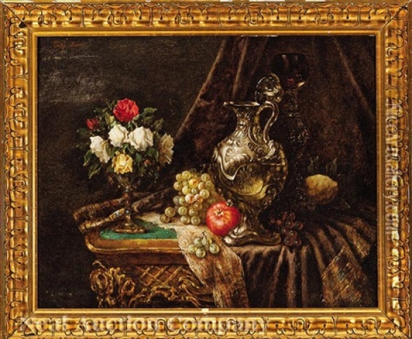 Still Life With Flowers, Fruit, Ewer And Carafe Oil Painting - Josef Lauer