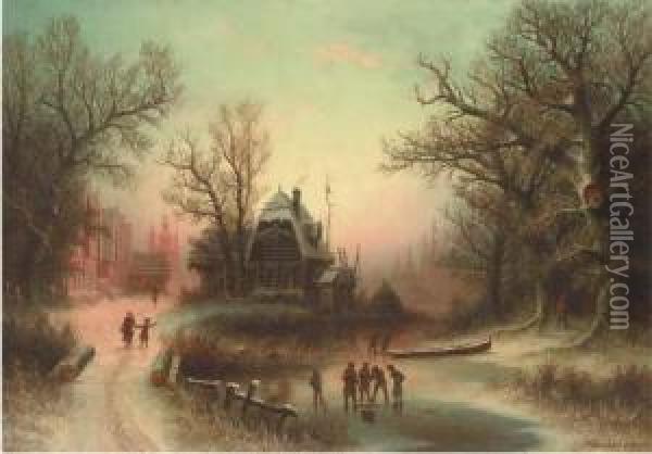 Figures In A Winter Landscape Oil Painting - Albert Bredow