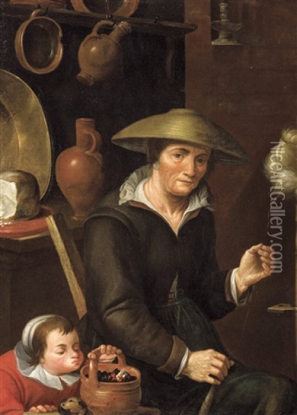 La Fileuse Oil Painting - Jean-Baptiste de Saive the Younger