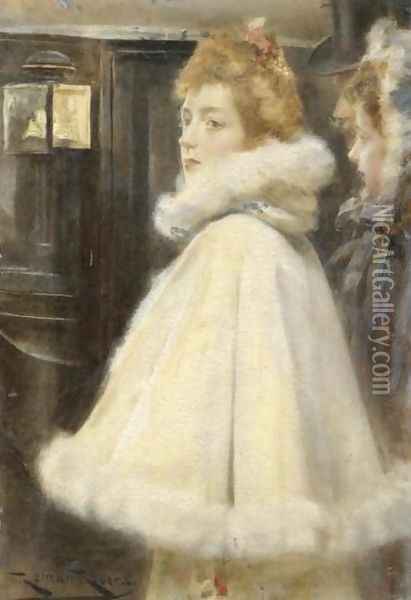 Lady with a Fur Coat (Joven con capa) Oil Painting - Roman Ribera Cirera