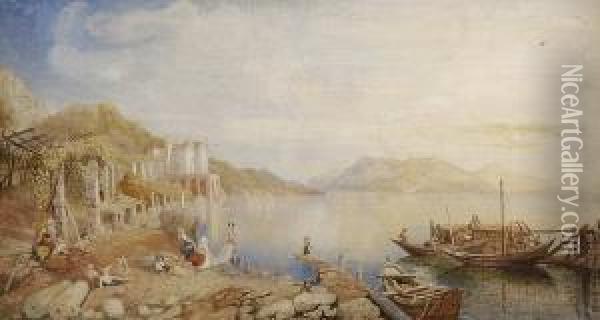 Continental Lakeland Landscape With Figures And Boats Amidst Ruins Oil Painting - Thomas Charles Leeson Rowbottom