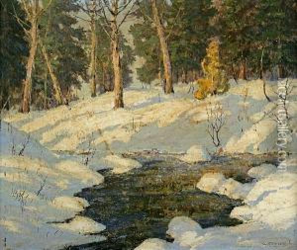 Winter Landscape With A Brook Oil Painting - Walter Koeniger