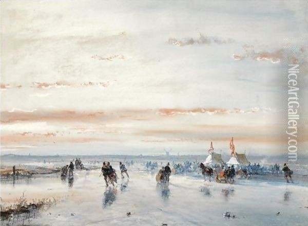 Winter Fun On The Ice Near A 'Koek En Zopie' Oil Painting - Andreas Schelfhout