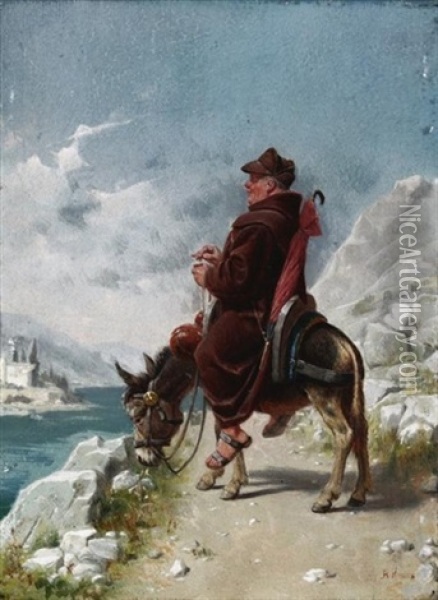 Vergnugter Monch Auf Seinem Esel In Ligurischer Kustenlandschaft Oil Painting - August Kraus