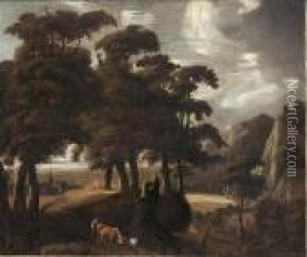 Wooded Landscape With A Peasant 
And His Herd Together With Other Travellers On A
 Path A Village In The Background Oil Painting - Jaques D'Arthois