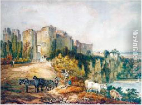 Figures And Cattle By Chepstow Castle Oil Painting - Henry Thomas Alken
