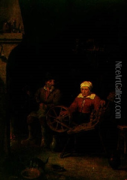 An Old Man And An Old Woman Spinning Oil Painting - David Ryckaert III