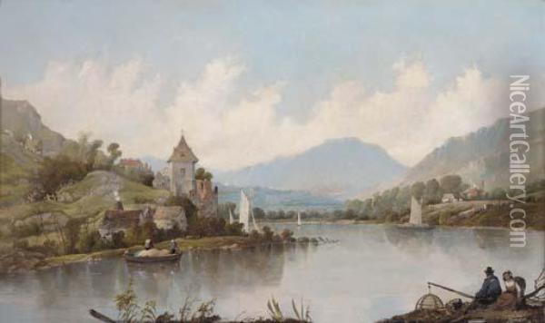 Figures On The Bank Of The Rhine Oil Painting - A.H. Vickers