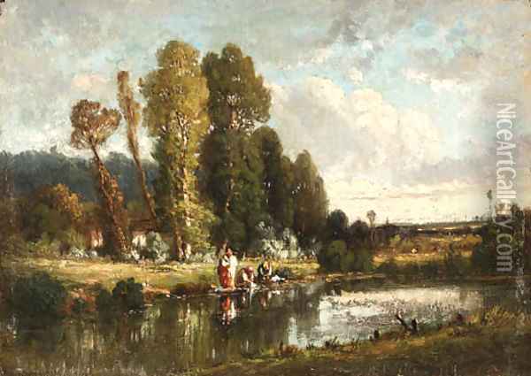 SchoolWasherwomen by a riverbank Oil Painting - French School