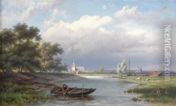 Panning For Gold With An Old Lady In A Punt. Oil Painting - Johannes Hermann Barend Koekkoek