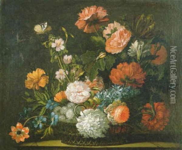 Anemones, Dahlias, Peonies And Tulips In A Basket Oil Painting - Jean-Baptiste Monnoyer