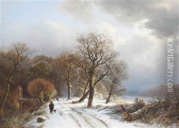 A Morning Stroll On A Path In The Forest In Winter Oil Painting - Barend Cornelis Koekkoek